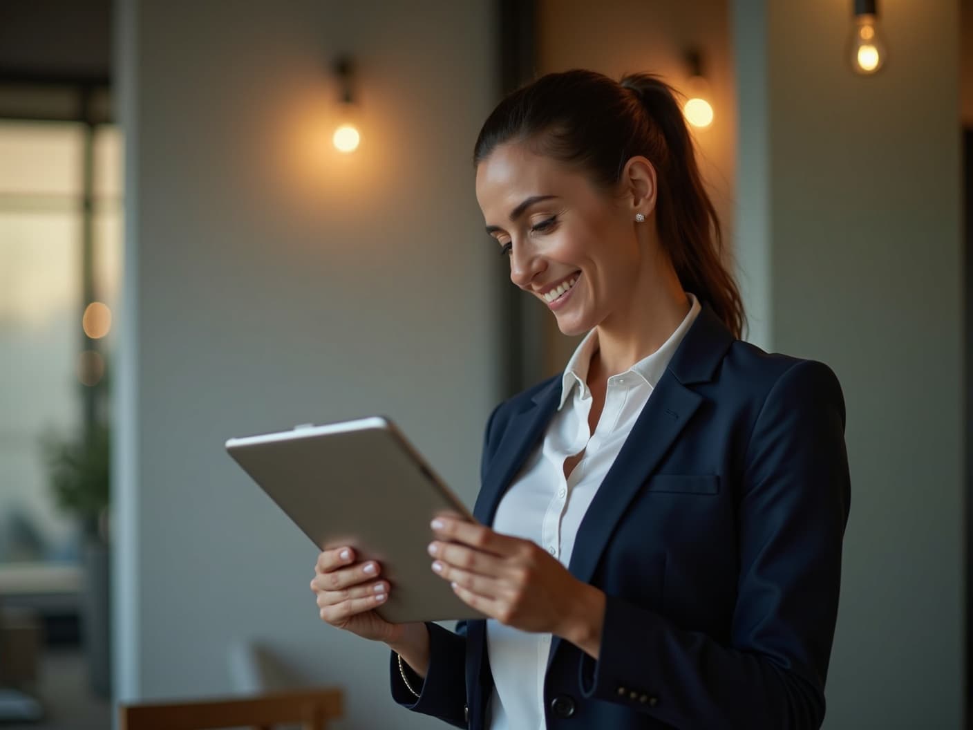 Imprenditrice osserva la crescita dei risultati su un tablet