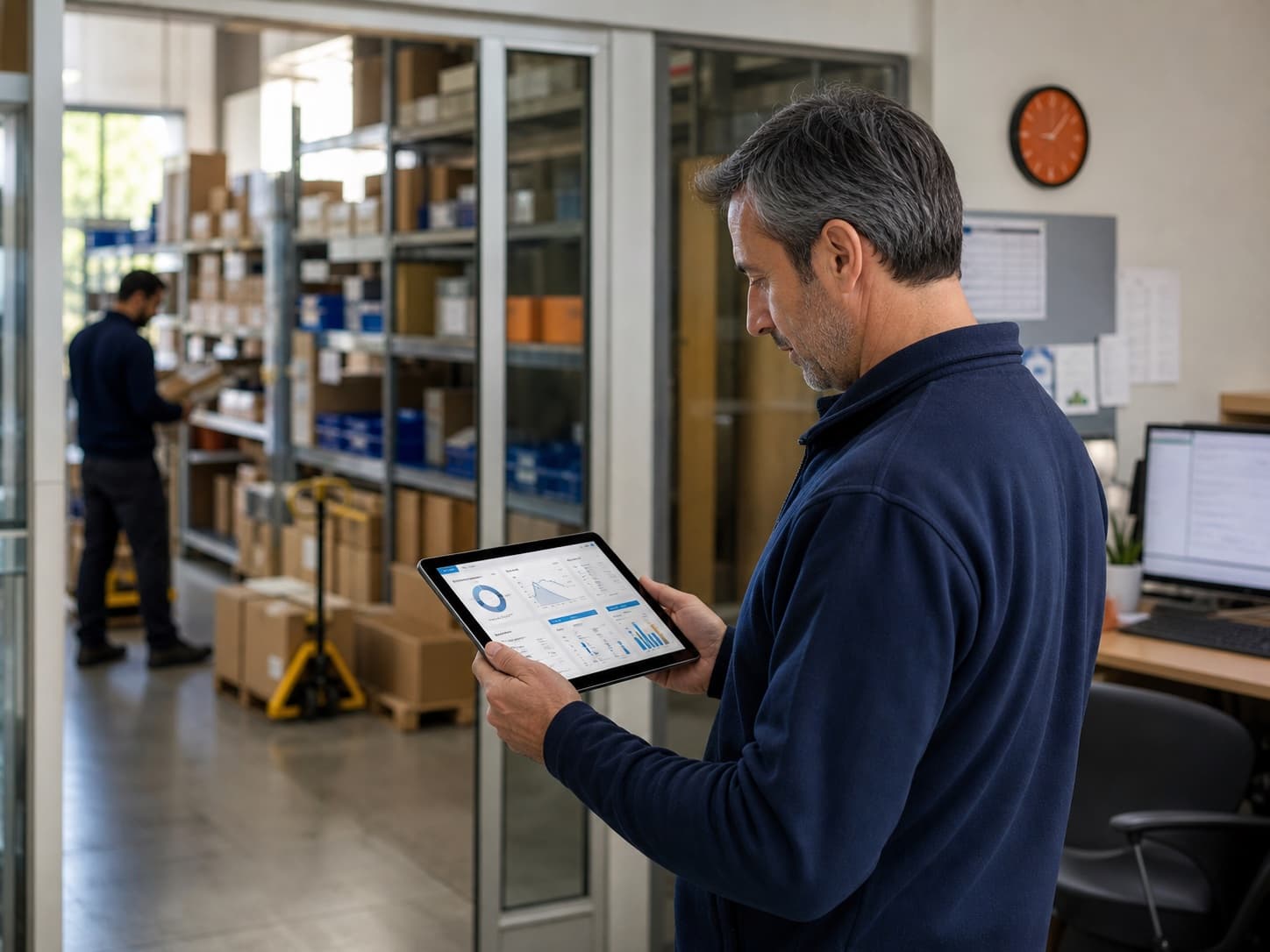 Responsabile operativo usa su tablet un software integrato con il magazzino